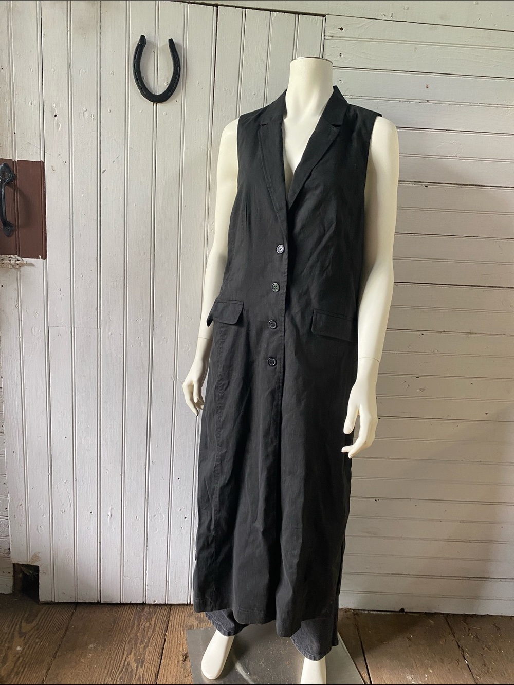 Anthropologie Black Sleeveless Button-Front Long Vest